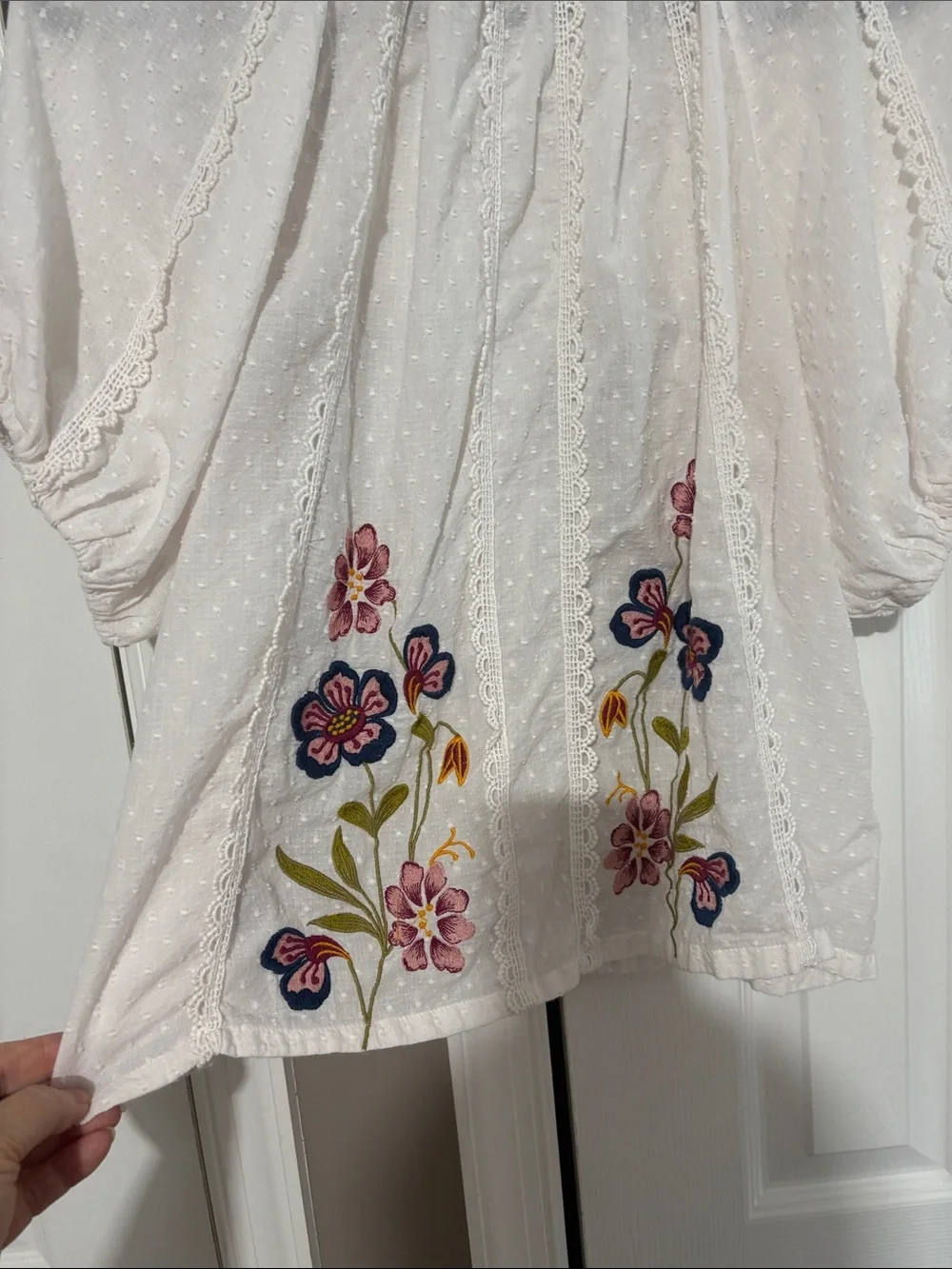 Anthropologie White Peasant Blouse with Pink and Navy Floral Embroidery